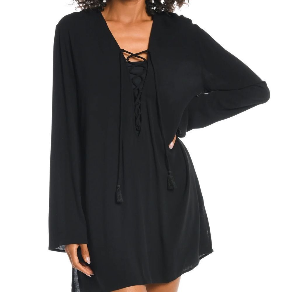 La Blanca Beachcomber Basics Black Long Sleeve V-Neck Swim Coverup